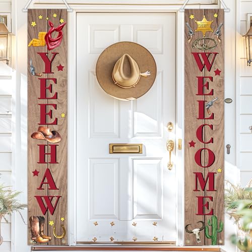 Image of Avezano Wild West Cowboy Banner Yee Haw Welcome Porch Signs Western Cowboy party decorations for Birthday Baby Shower Indoor Outdoor