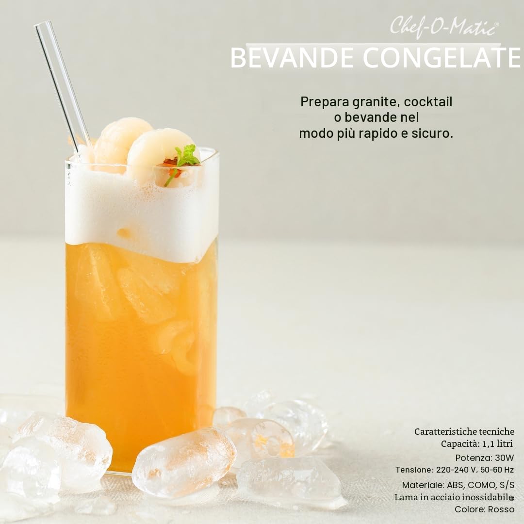Tritaghiaccio Elettrico Frozen Drinks, Lama in Acciaio Inox, Capacità 1.1L Granita, Cocktail, Bevande Fredde, Combinati, Yogurt Ghiacciato, 30W