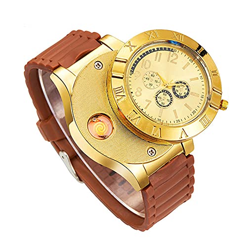 New Military USB Lighter Watch Men's Casual Wristwatches with Windproof Flameless Cigarette Cigar Lighter (Gold)