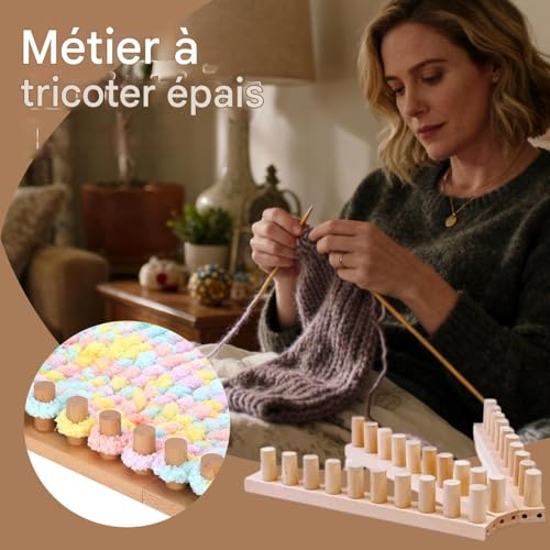 Kit métier à tricoter débutant avec gros fils de laine pour couverture et coussin - 2