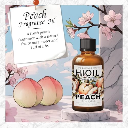Image of HIQILI Peach Fragrance Oil for Home Diffuser, Body Spray - 1 Fl Oz | DIY Candle, Linen & Room Freshener Spray Making, Long-Lasting Scent Juicy Fruit Scent, Pet Safe, Graduated Dropper Included