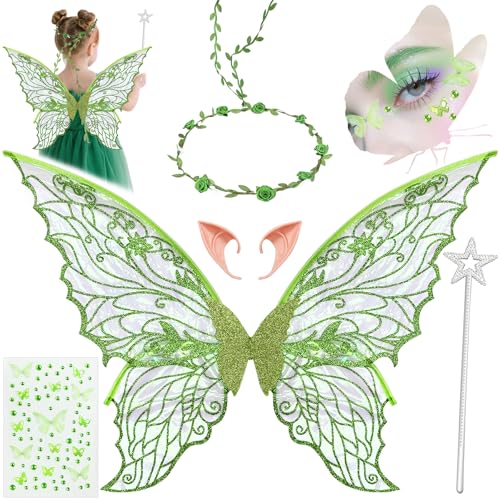 YeahBoom Feenflügel Kostüm Schmetterlingsflügel mit Elfenöhren Fee Stirnband und Sterne Feenstäbe Schmetterlingsflügel Prinzessinnenflügel Flügel Kostüm für Fasching oder Feen-Mottopartys