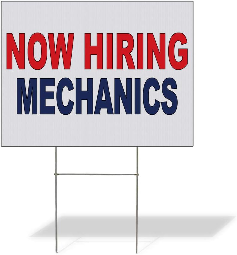 Fastasticdeals Weatherproof Yard Sign Now Hiring Mechanics Red Blue Lawn Garden Employee Recruiting 24x18 Inches 1 Side Print