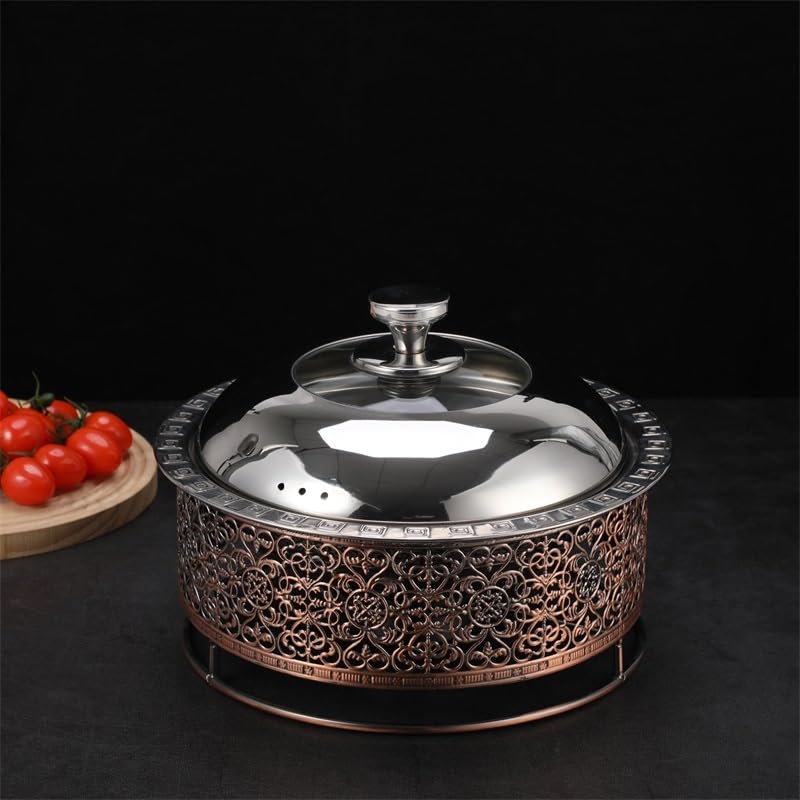 Okrągły podgrzewany bufet w stylu retro ze stali nierdzewnej, podgrzewana taca z pokrywą na garnek i uchwytem na paliwo do gastronomii, posiłków na imprezy (30 cm)