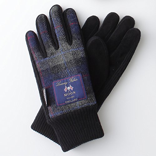 【ムーンツイード】MOON TWEED メンズ 防寒 手袋 AY-17AA0175 (紺グレーチェック x ブラック)