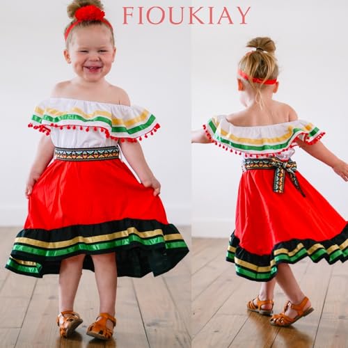 fioukiay Toddler Girls Mexican Dress Little Girl Off Shoulder Bowknot Traditional Color Block Dresses2