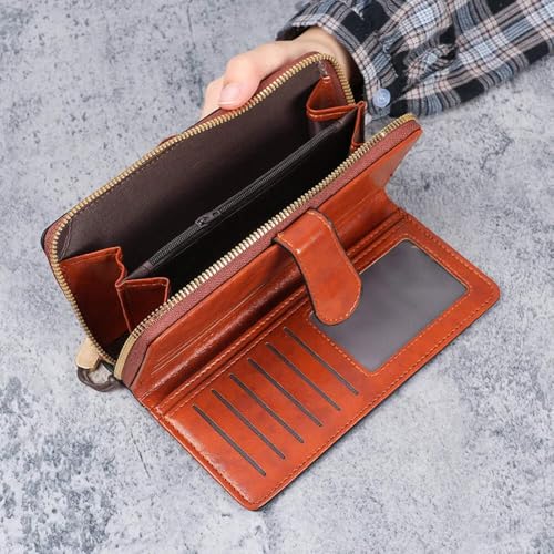 Women's oil wax leather wallet/coin wallet Multi-function mobile phone bag multi-card bag, Pink, 203