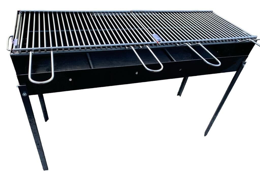 Barbecue in Ferro con 2 Griglie in Acciaio,Artigianale, Regolabile in 2 Altezze 100x38 cm, Piedi Estraibili, Portatile per Esterni