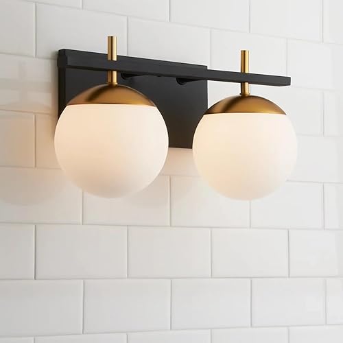2 lámparas de baño, luz negra y dorada, luz de baño de mediados de siglo sobre espejo con pantalla de globo de vidrio blanco, apliques de pared para