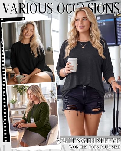 Image of Locoowai 3 Pack Women Plus Size Tops 3 /4 Sleeve Cotton Crew Neck Oversized T Shirts Loose Fit Tee Tunic Casual Blouse
