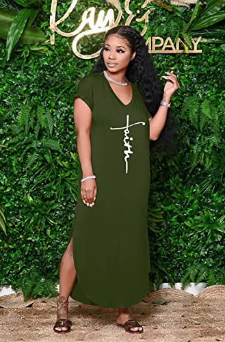 Image of Women Summer V Neck Loose Side Split Maxi Dresses with Pocket