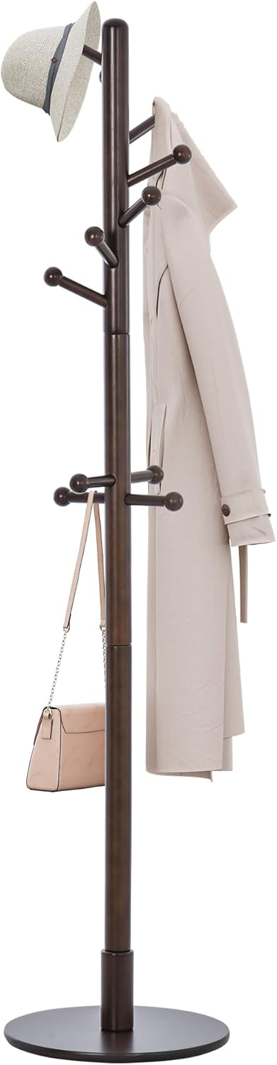 COLAMY Wooden Coat Rack with Solid wooden Base, Free Standing Coat Tree with 10 Hooks for Bedroom, Entryway, Entrance, Office, for Hats, Coats, Scarves, Handbags?Brown
