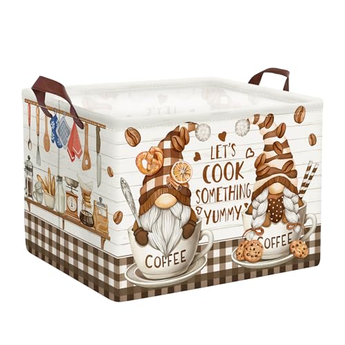 HUUMONSS Kitchen Decor Tools Kid Storage Basket Collapsible Clothes Baby Nursery Hamper Large Book Shelf Basket Boy Girl Toy Box Bin, Gnome Coffee, 36L