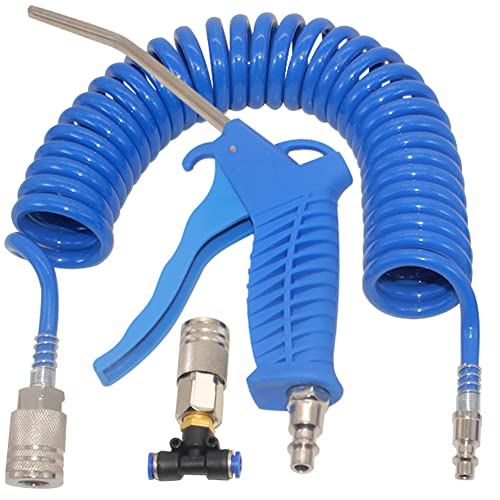 Qolekog Air Blow Gun kit with 16ft Long 8mm OD Coil PU Air Hose Air Duster Blow Gun Kit with PTC Adaptor (Blue)