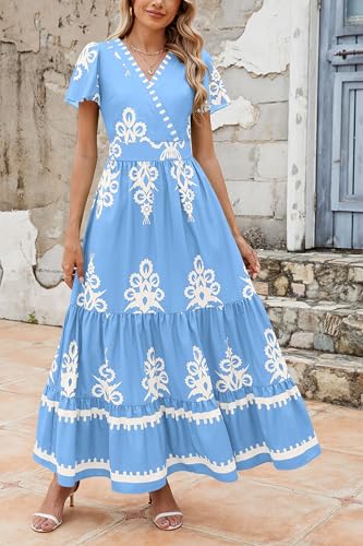 Image of PRETTYGARDEN Womens 2026 Summer Casual V Neck Boho Maxi Dress Flowy Aline Bell Sleeve Tiered Floral Dresses with Pocket