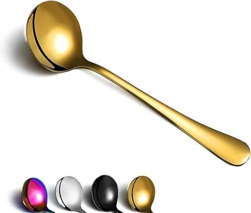Berglander - Cuchara de sopa dorada de 7.5 pulgadas, acero inoxidable chapado en titanio, cucharas redondas doradas brillantes, juego de cucharas de