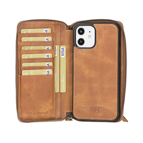 Bouletta Case Genuine Leather Zipper Closure Magnetic Detachable Pouch Wallet Case with RFID Protected Card and Cash Slots Compatible with iPhone 12 & iPhone 12 Pro (6.1) (Tiana Tan)