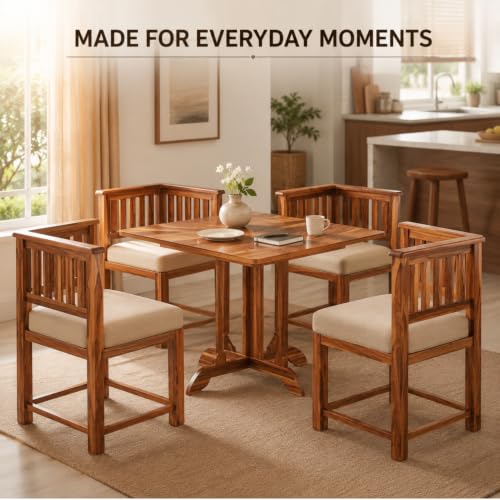 Image of Sheesham Wood 4 Seater Dining Table with 4 Cushioned Chairs for Living Room Home Office Dining Room Wooden Dininig Set (Natural Finish)