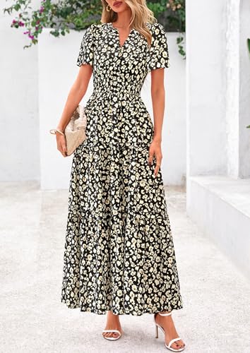 PRETTYGARDEN Women's 2025 Summer Boho Maxi Dresses Floral Short Sleeve V Neck A Line Tiered Flowy Long Beach Vacation Dress3