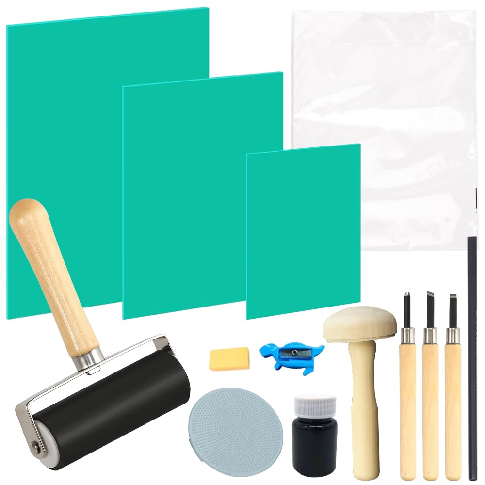 LUFEIS 43PCS Lino Printing Kit, 3PCS A4 A5 A6 Lino Sheets with Cutting and Printing Tools & 30 Sheets of Rice Paper, Green Soft Flat Surface Linocut Set for Engraving, Printmaking, DIY Stamp Crafts
