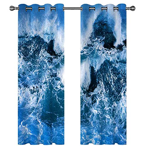 Rideau thermique isolant phonique oeillets vagues ocean bleu pour salon