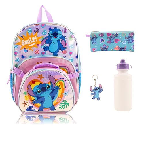 Disney Stitch Conjunto de 5 peças de mochila para crianças | Mochila Disney Stitch com lancheira, estojo com zíper, garrafa de água e chaveiro | Bolsa de viagem infantil, mochila leve para escola |