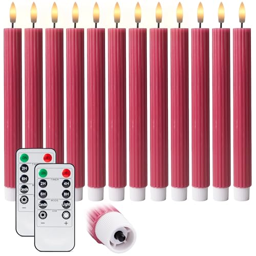 Image of 10 inch Fluted LED Pink Grooved Pillar Candles with 2 Remotes & 24h Timer Memory, On /Off Switch - Flameless Dimmable Battery Operated w /Flicker Mode, Home Wedding Decor (12 Pack)