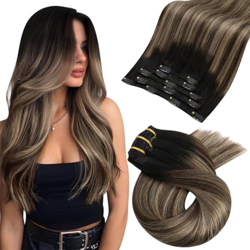 Image of Moresoo Clip in Hair Extensions Real Human Hair Double Weft Human Hair Clip in Extensions Straight Balayage Ombre Black to Brown with Dark Blonde 5pcs 80g 20inch