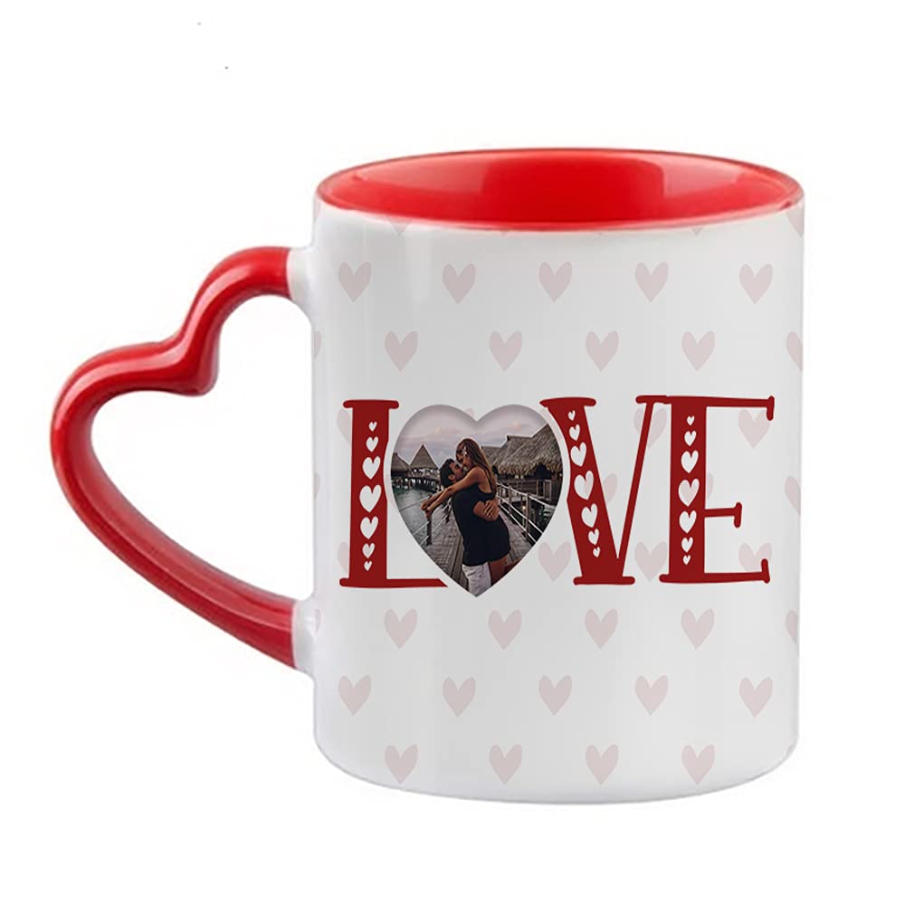 Getagift Personalised Love Heart Any Image Gift for Him/Her, Couple, Best Friend, Wedding, Birthday, Anniversary, Valentines, Novelty Mug, Unique Ceramic Heart Handle Mug. (Red)