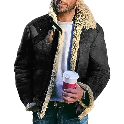 Men's Aviator Bomber Jacket Faux Fur Suede Sherpa Lined Jackets Fur Collar Lapel Casual Coat with Pockets