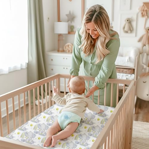 Image of Fitted Crib Sheet for Baby - Rainbow Safari Print, Soft & Breathable Newborn Cot Bedsheet with All-Round Elastic, Deep Pocket Fit for Crib Mattress (28x52 Inch / 132x71 cm)