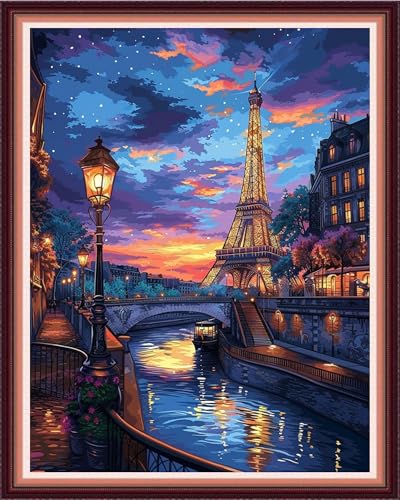 Image of Funxvoot Stamped Cross Stitch Kits for Beginners or Adults Embroidery Starter Patterns | DIY Printed Cross Stitch Kits Needlepoint for Adults 11CT-Iron Tower Twilight 16x20 inch