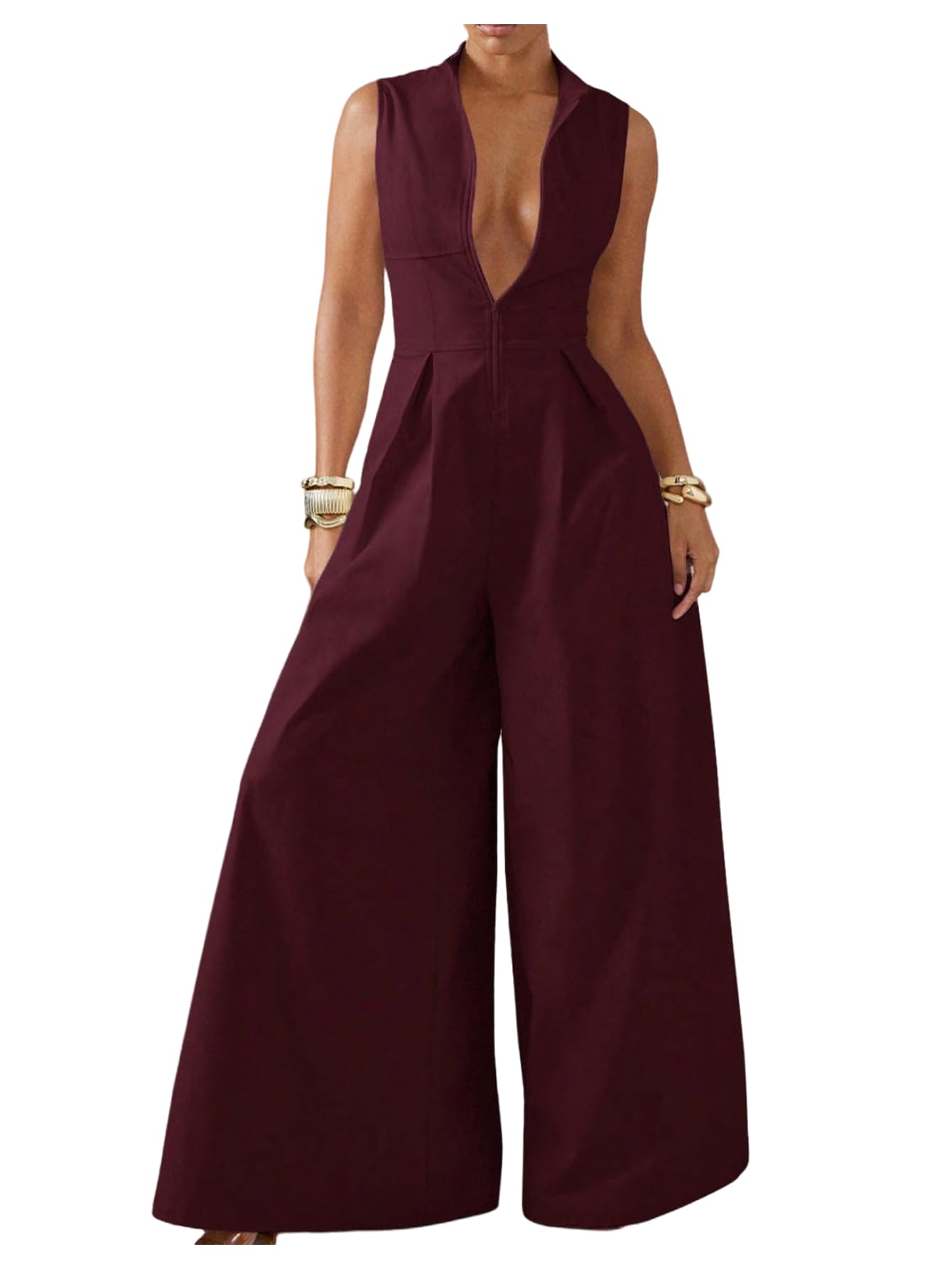 soly hux Women's Zipper Front Wide Leg Jumpsuit Summer Mock Neck Sleeveless Elegant Romper-picture-28