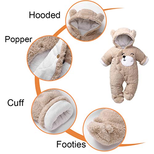 Bébé Capuche Barboteuse Hiver Combinaison Flanelle Tenues Garçons Filles Pyjamas Bambin Grenouillère Footies Vêtements Marron 9-12 Mois - Image 5