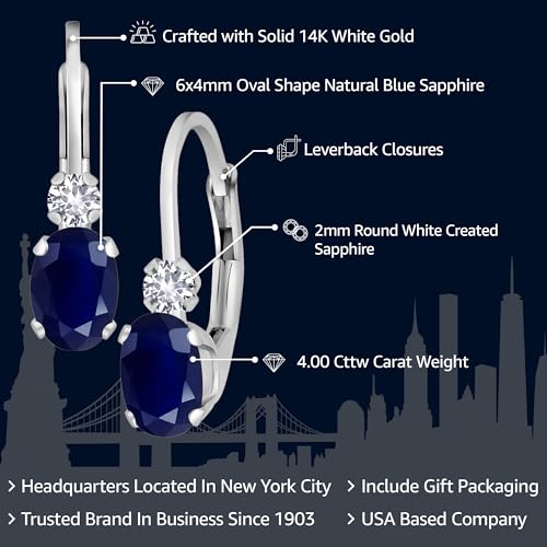 Gem Stone King 14K White Gold Blue Sapphire and White Created Sapphire Leverback Earrings For Women | 1.18 Cttw | Gemstone September Birthstone | Oval 6X4MM, Round 2MM | 3/4 Inch2