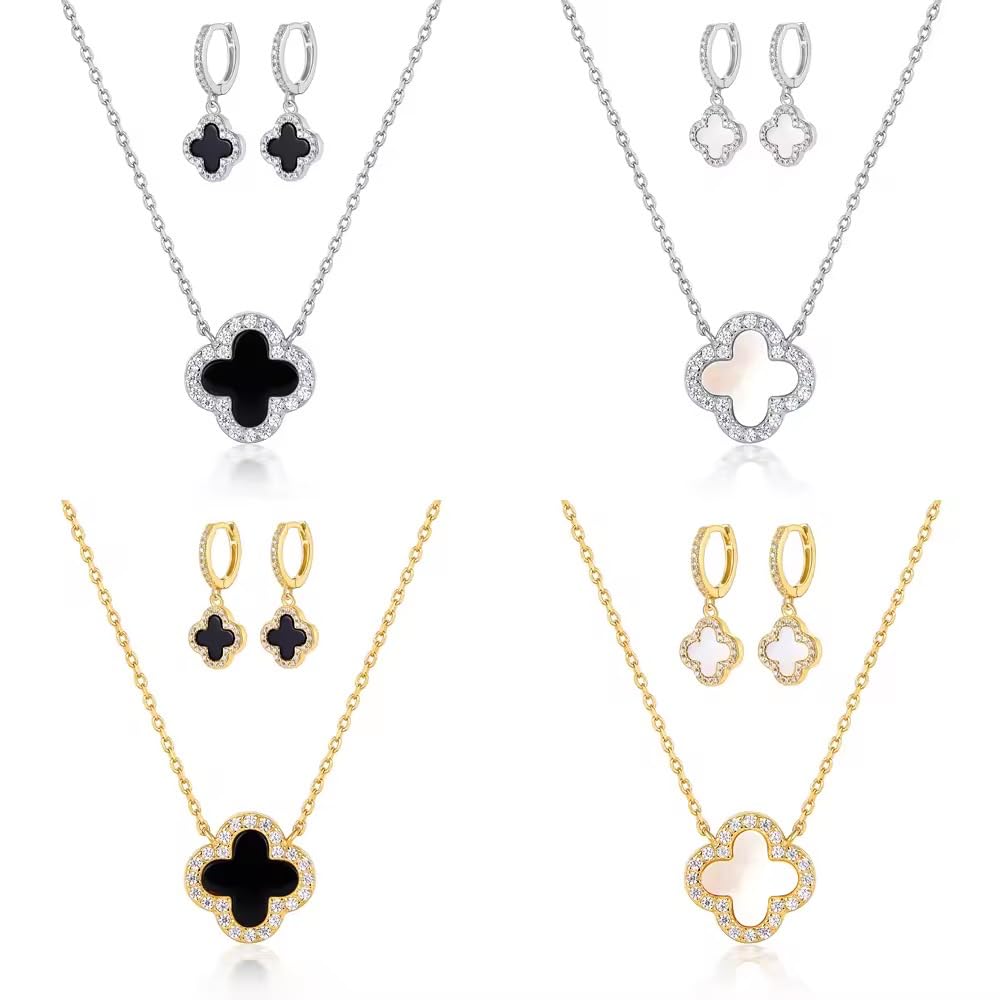 ROUGEMONT Funkelndes Glücksbringer Schmuckset -zweiteiliges Set Kleeblatt Halskette +Kleeblatt Ohrringe aus 925 sterling Silber -funkelnden Zirkonia besetzt -mit stilvoller Geschenkverpackung