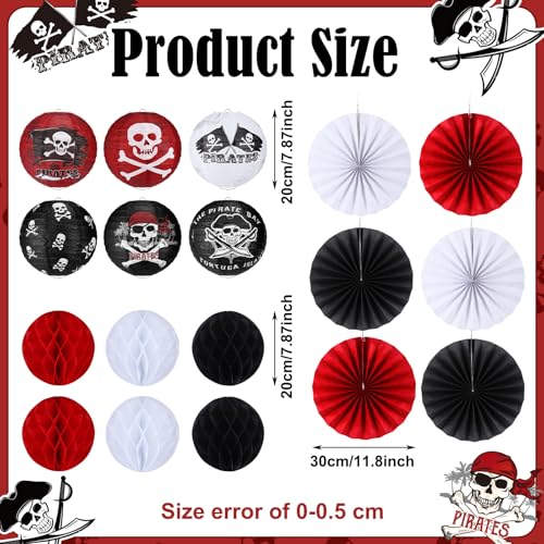 Image of Baquler 18 Pcs Pirate Theme Party Decoration Pirate Skull Hanging Paper Lantern Fans Black Red Honeycomb Ball for Nautical Birthday Party Ornament Ceiling Decor Supplies