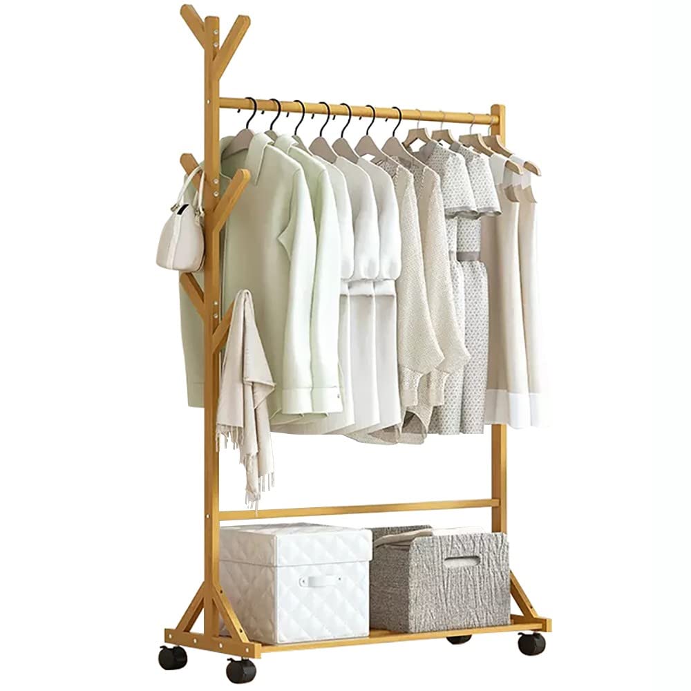 Aycdl B Amboo Rolling Clothing Rack With 4 Wheels Multifunctional Open Wardrobe For Clothes Shoes And Ags - Ideal For Edroom Entryway And Living Room Storage.,-80X35x175cm