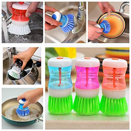 Image of Khedu Fab 2 Pc's Dish /Washbasin Plastic Cleaning Brush with Liquid Soap Dispenser Plastic Wash Basin Brush Cleaner with Liquid Soap Dispenser (Multicolour)