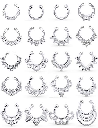 SCERRING Fake Septum Nose Hoop Rings Clear CZ Faux Non Pierced Clicker Hanger Nose Septum Ring Clip On Body Piercing Jewelry 20PCS
