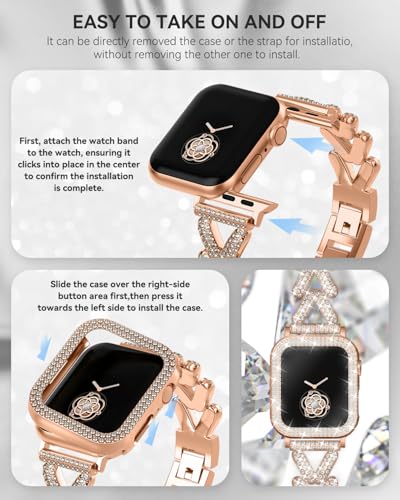 Image of Rhinestones Encrusted Metal Bracelet and Case, Compatible with Apple Watch Bands 38mm-49mm (Series 11 /1 /SE /Ultra 2)- Bling Gold Women's Jewelry Strap, Luxury iWatch Bracelet with Screen Protector