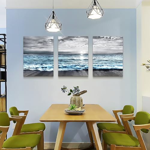 Lapremoly Canvas Wall Art For Living Room, Bedroom & Office Decor - Black & White Beach Wall Painting - Blue Ocean Sea Wave Pictures - 3 Piece Set - 20x28 in