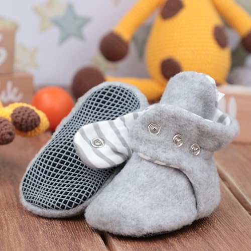 Ella Bonna Fleece Baby Booties, Three Snap Baby Slippers, Unisex Baby Gifts, Non-Slip Newborn Booties for Boys and Girls, Infant Baby Shower Shoes Months2