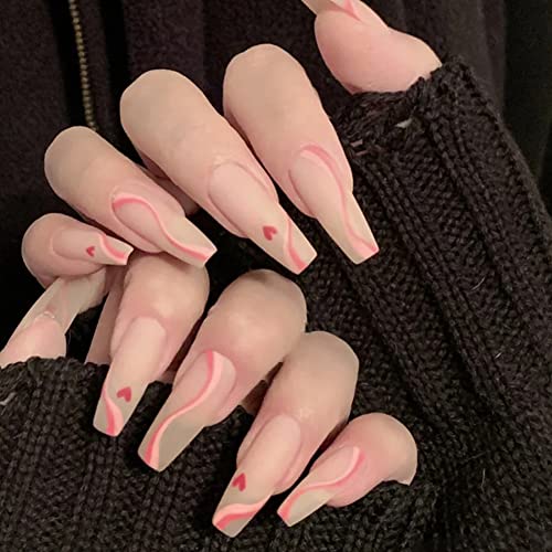 24 Pcs Heart Press on Nails Medium Length Matte Pink