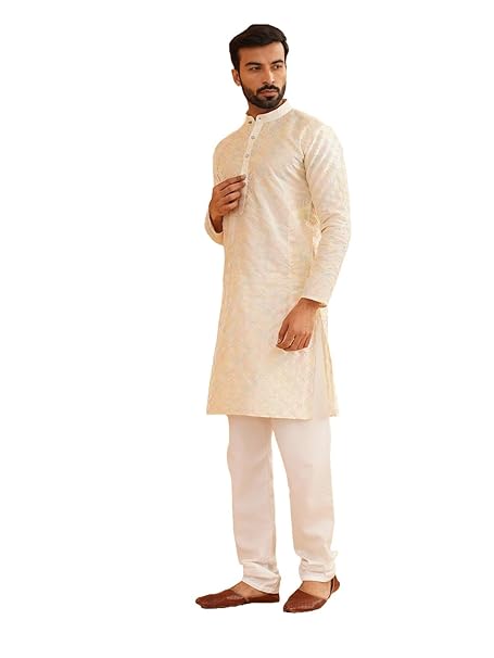 SOJANYA (Since 1958 Men's Silk Blend Cream Kurta With Multi Color Embroidery and Off-White Pyjama
