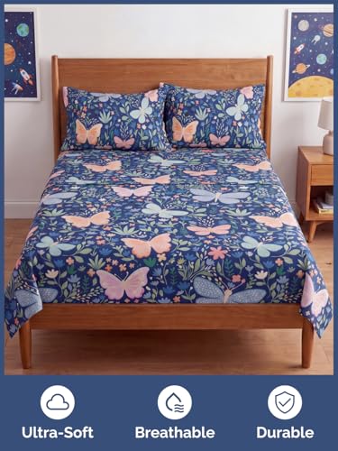 Image of Kids Full Butterfly Meadow Bed Sheets - 4 Piece Butterfly Meadow Sheet Set | Butterfly Meadow Themed Bedding, Ultra-Soft, Cute & Cozy, Breathable & Machine Washable, Bed Set for Boys, Girls & Teens