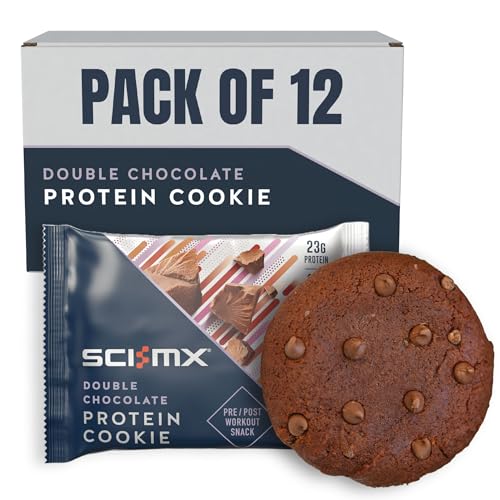 SCI-MX High Protein Double Chocolate Cookie Box - 23g protein 2.3g sugar + 265 calories per cookie - Pack of 12 x 75 g - Low Sugar - Pre / Post Workout Snack - Suitable for Vegetarians