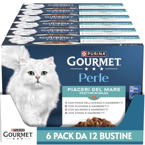 Gourmet Perle Umido Gatto Filettini in Salsa con Pesce dell'Oceano, Platessa, Salmone, Tonno con Gamberetti - 72Buste da 85 g Ciascuna (6 Confezioni da 12 x 85 g)