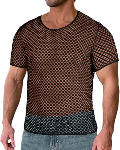Men's Mesh Shirts Fishnet Fitted See Through Top Short Sleeve Cover Up(Black,L)