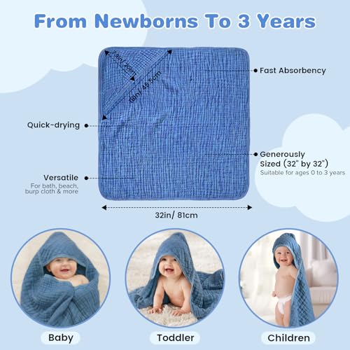 Image of Hooded Baby Bath Towels for Newborn, 2 Pack - 6-Layer 100% Muslin Cotton, Soft Absorbent Baby Towels with Hood for Babies, Infants & Toddlers, Large 32x32 Inch Unisex Newborn Baby Bath Essentials